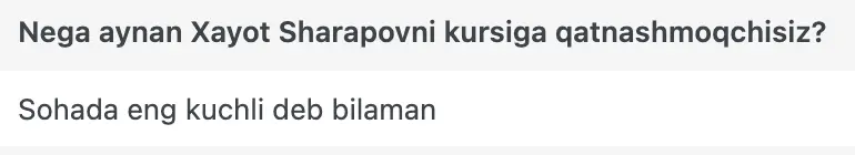 Xayot Sharapov o'quvchisining natijasi