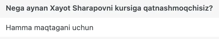 Xayot Sharapov o'quvchisining natijasi