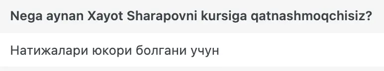 Xayot Sharapov o'quvchisining natijasi