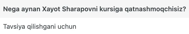 Xayot Sharapov o'quvchisining natijasi