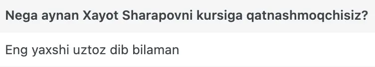 Xayot Sharapov o'quvchisining natijasi