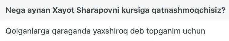 Xayot Sharapov o'quvchisining natijasi