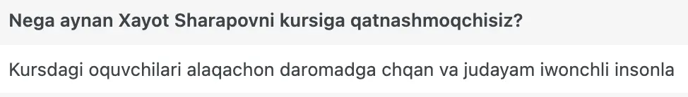 Xayot Sharapov o'quvchisining natijasi
