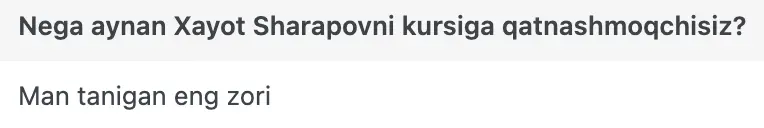Xayot Sharapov o'quvchisining natijasi
