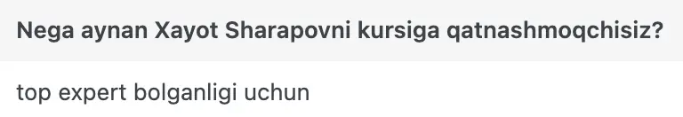 Xayot Sharapov o'quvchisining natijasi