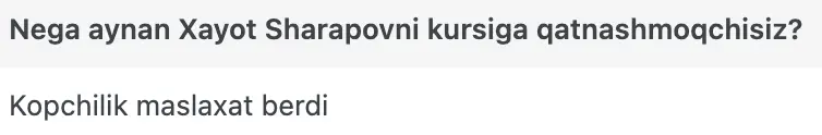 Xayot Sharapov o'quvchisining natijasi