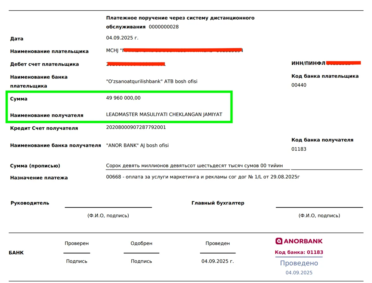 Mijoz cheki — $4.000 oylik xizmat to'lovi